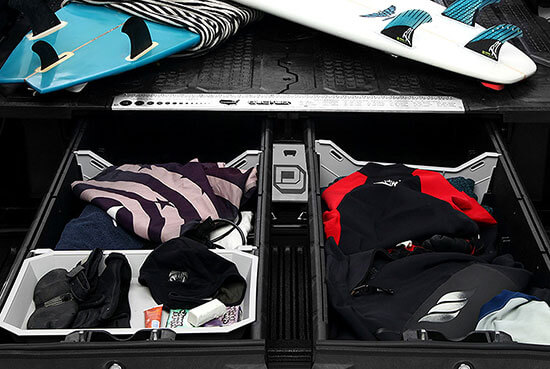 Decked pickup truck bed storage system